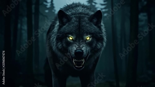 A fierce wolf with glowing eyes stands menacingly in a dark forest.