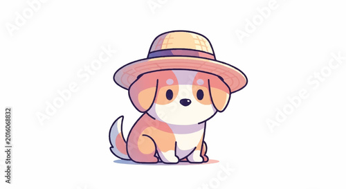 Cute Kawaii Dog Wearing a Straw Hat Illustration.