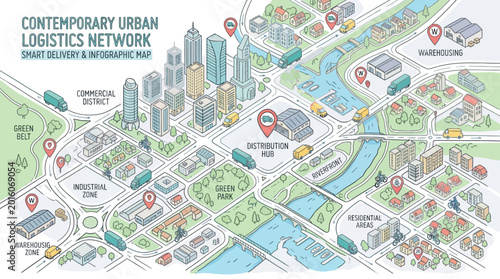 Detailed isometric illustration of a contemporary urban logistics network with smart distribution and interconnected infrastructure.