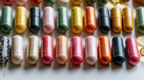 A flat lay of various vitamin and mineral capsules arranged in neat rows on a clean white surface, vitamin assortment, mineral capsules, organized rows, white background,