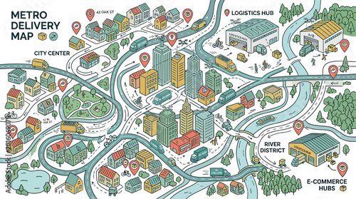 Detailed illustration of a metro delivery map showing various logistics and e-commerce elements.