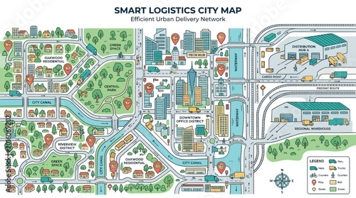 Smart logistics city map illustrating efficient urban delivery network with various transportation methods and urban infrastructure.
