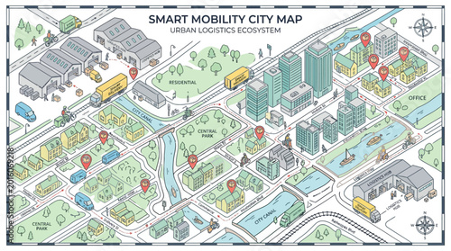 Detailed illustration of a smart city map with transportation routes and landmarks in a modern urban landscape.
