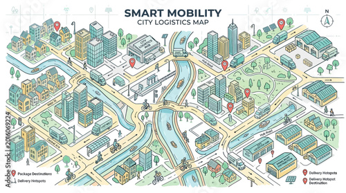 Illustration of a city logistics map with smart mobility features, showcasing transportation routes and infrastructure in a stylized urban setting.