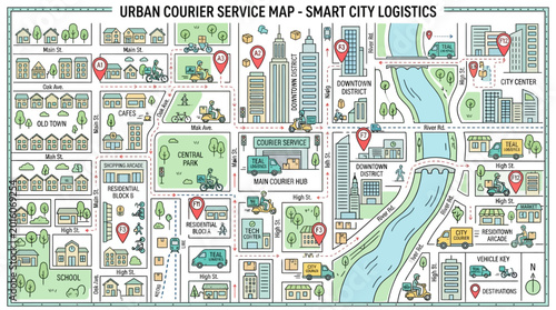 Detailed illustration of a city map with marked locations for an urban courier service in a smart city logistics concept.
