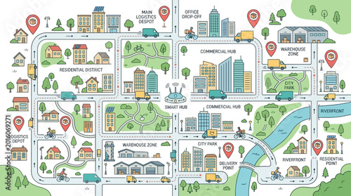 A colorful illustration of a city map with various buildings, roads, and landmarks against a clean white background.