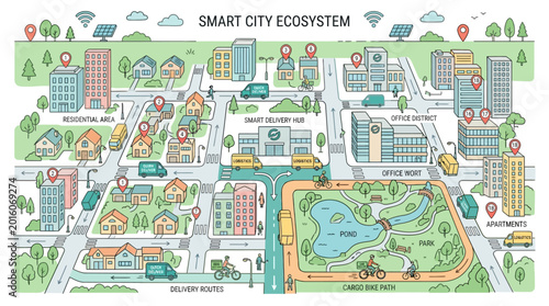 Illustration of a smart city ecosystem with a map, showcasing various buildings, roads, and green spaces in a vibrant, modern urban setting.