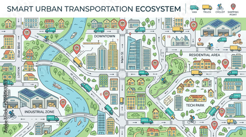 A colorful illustration of a city map showcasing a smart urban transportation ecosystem with various modes of transport and infrastructure.