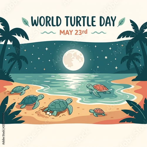 World Turtle Day May 23rd illustration with sea turtles on beach