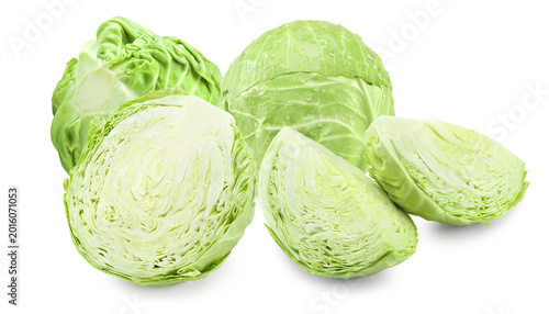 green cabbage with pieces isolated on white background. clipping path