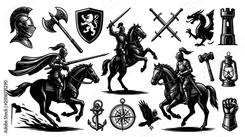 Black and White Medieval Knights on Horses, Weapons, Castle, Dragon Vector Art