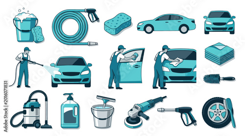 Car Wash Equipment Icons: Tools, Vehicles, People, Flat Style