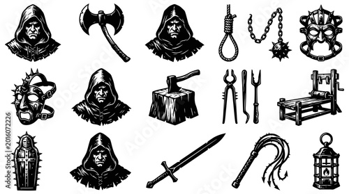 Medieval Executioner Tools  Symbols Black and White Stock Icons