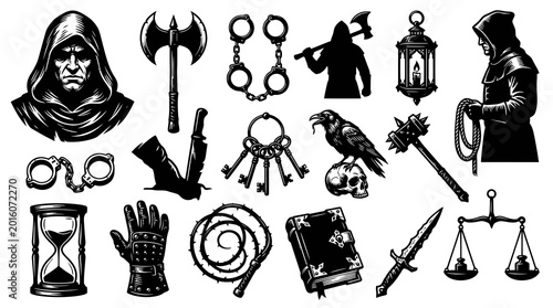 Medieval Black and White Stock Icon Set: Weapons, Tools, Symbols