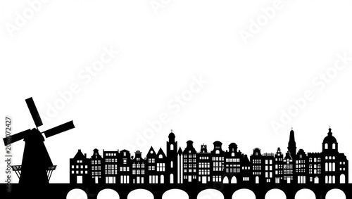 Amsterdam City Skyline Silhouette with Traditional Windmill and Historic Canal Houses on White Background