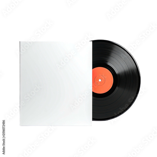 Vinyl record emerges from a plain white sleeve on a black backdrop
