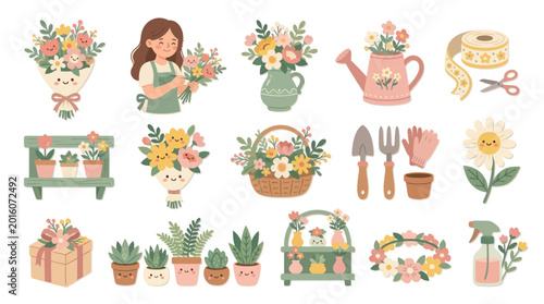 Cute Flat Hand-Drawn Floral Gardening Set: Tools, Potted Plants, Flowers, and Bouquets for Spring  Home Decor