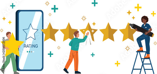 Tableau sur toile Diverse team building and maintaining five star rating on mobile phone for online reputation management