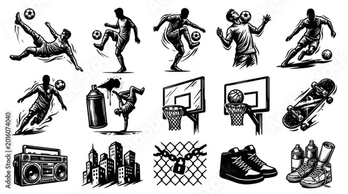 Black and White Line Art of Urban Sports and Activities, including soccer, basketball, skateboarding, and hip-hop culture elements.