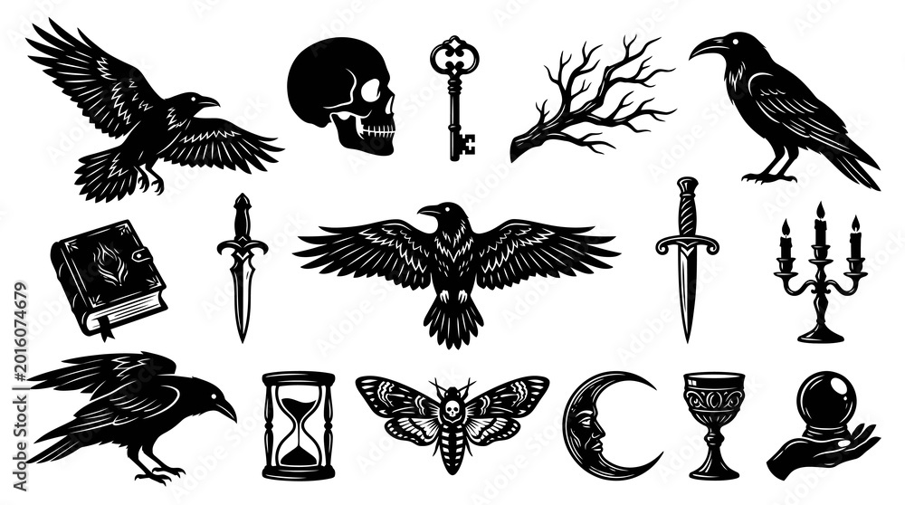 Fototapeta premium Mystical Gothic Symbols Black and White Vector Icons - Ravens, Skull, Moon