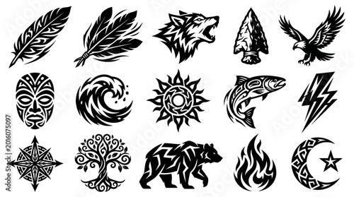 Tribal Vector Symbols Set: Black  White Stylized Nature, Animal,  Cultural Glyphs for Tattoo Designs