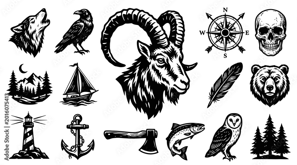 Naklejka premium Black White Vintage Engraved Outdoor Adventure and Nature Wildlife Nautical Icons Set