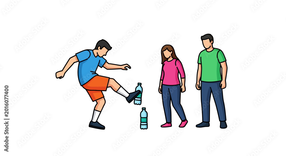 Fototapeta premium Young Man Kicking Water Bottle in Front of Friends.