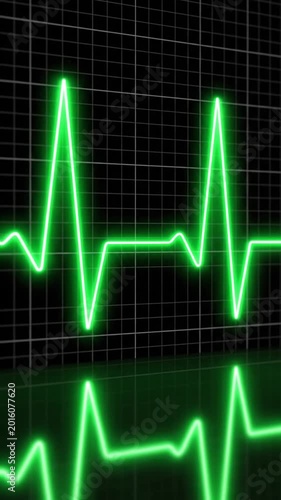 Green line chart displaying medical pulse against a black backdrop