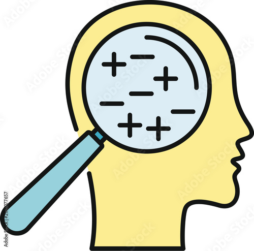 Fotografía Human head with magnifying glass analyzing plus and minus signs in concept of me