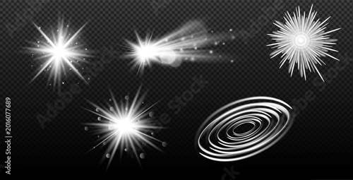 Cuadro en lienzo Set of glowing white light effects with sparkling starbursts, luminous flares and abstract spiral energy rings isolated on transparent background