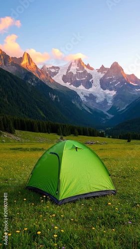Green tent on grassy field with majestic mountain range background