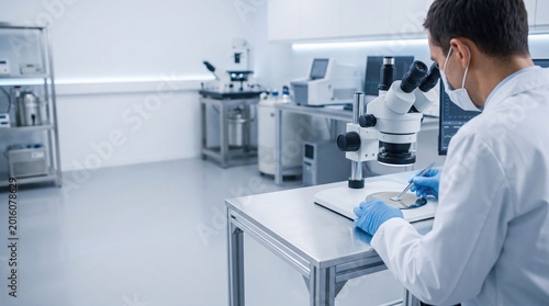 Male researcher in sterile laboratory examining sample under microscope with digital screen scientific investigation equipment laboratory technician wearing protective mask and