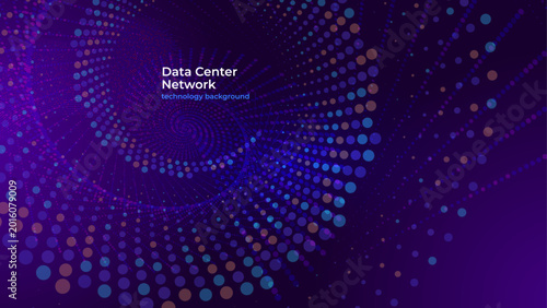 Data Center Network Technology Background with Abstract Digital Particle Spiral