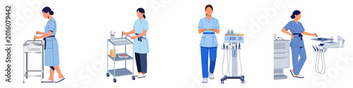 Bilde på lerret Set of female dental assistant illustrations in blue scrubs working with professional stomatology equipment and medical tools in a clinic