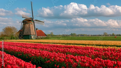 Historic Dutch windmill, vibrant red and yellow tulip fields, sunny spring day