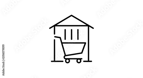 Shopping Cart Inside a Store Building Icon, Retail Commerce Concept