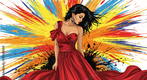 Tableau sur toile Vector illustration of a beautiful woman in a flowing red dress against a vibran