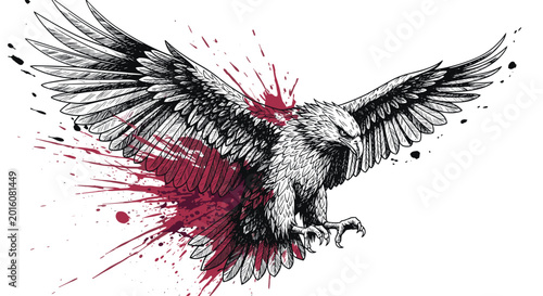 Dynamic black and white sketch of an eagle with wings spread wide across red and black paint splatters for a bold look.