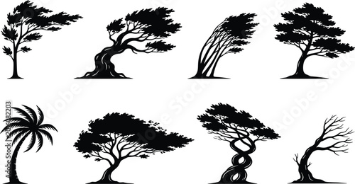 Billede på lærred Black Windblown Tree Silhouette Vector Set with Palm Bonsai and Twisted Nature T