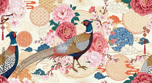 Exquisite seamless pattern featuring pheasants and blooming cherry blossoms in a traditional Japanese garden style for fabric print.