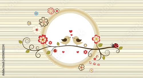Two cute birds in love sharing a kiss on a floral branch with hearts inside a circular frame on a striped background for a card.
