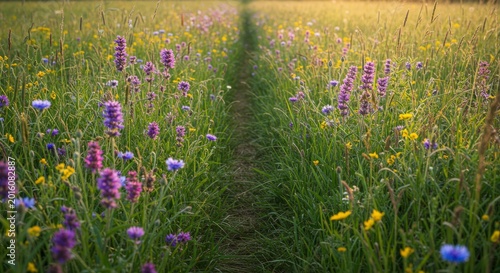 path through colorful flower field.