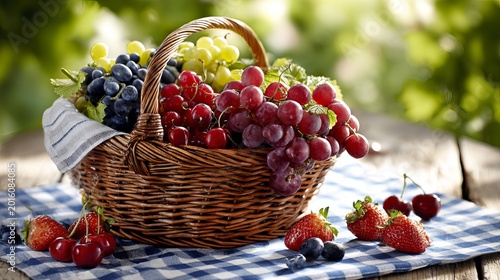 A wicker basket filled with fresh grapes, cherries, and strawberries on a checked tablecloth