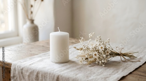 Unlit white pillar candle and dried flower arrangement on a rustic wooden table