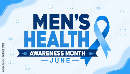 Men's Health Awareness Month banner with blue ribbon and modern geometric waves on white background. Professional June healthcare celebration template.