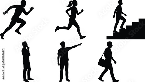 Black, silhouettes, of, people, running, walking, climbing, stairs, thinking, pointing, set, of, various, human, poses, and, actions, isolated, on, white.