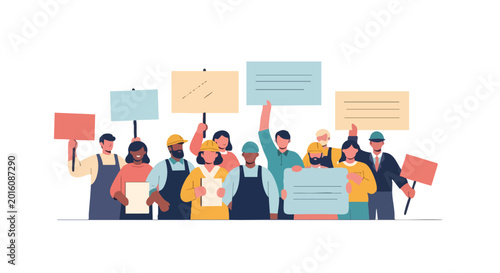 Workers day illustration of diverse group holding signs and celebrating, happy workers day vector banner