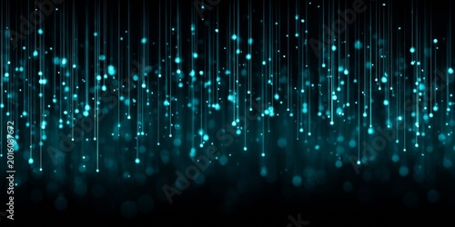 Abstract background with glowing blue particles and light trails, representing data flow and digital technology.