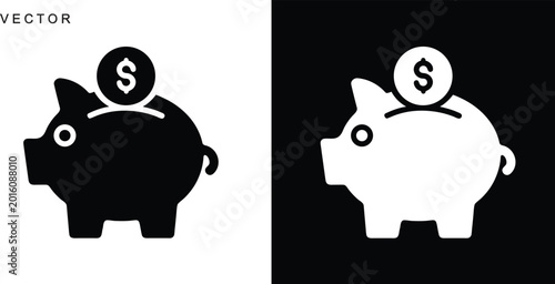 Piggy bank icon, Silhouette of piggy banks with a dollar coin, Vector illustration on a white background