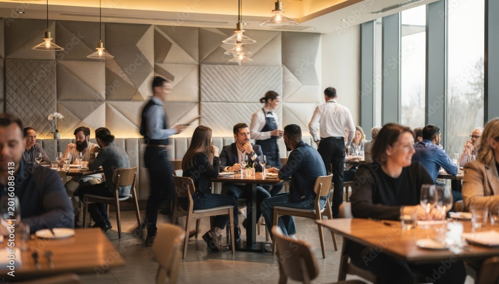 Obraz premium Close medium shot capturing mixed color temperature lighting over a busy dining room with sounddampening wall panels subtly blurring aiding fast customer transition.